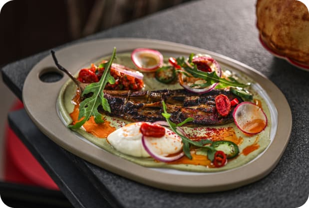 Eggplant on Charcoal with Tomato Salsa, Feta & Pita Bread — Brie Restaurant & Cheesery, Ubud